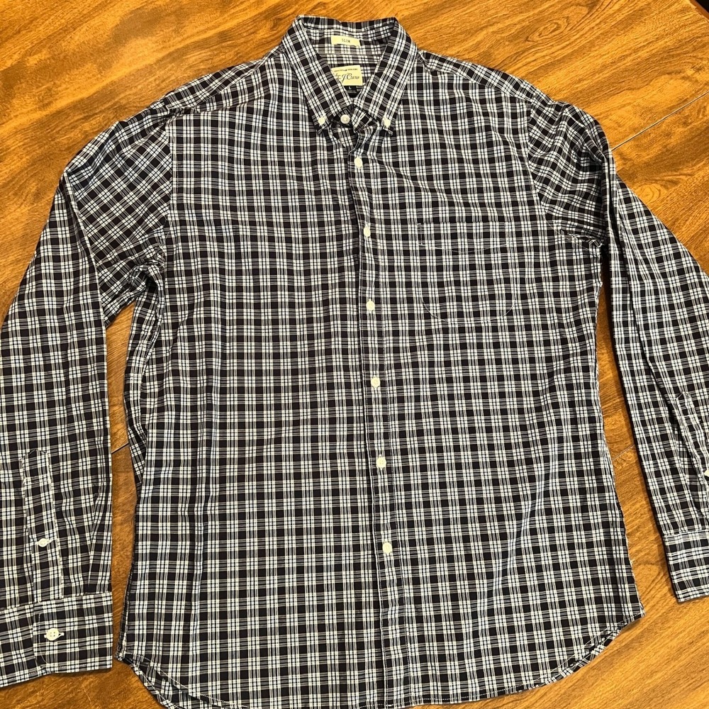 J Crew Mens Long Sleeve Button Down Shirt Sz L Slim Fit Blue White Plaid